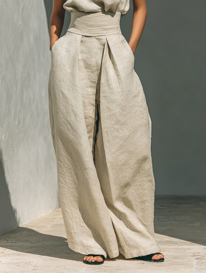 Maria | Completo minimalista da donna in cotone e lino con top e pantaloni ampi