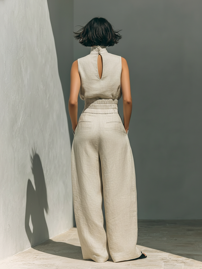 Maria | Completo minimalista da donna in cotone e lino con top e pantaloni ampi