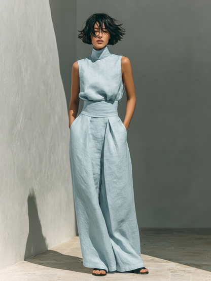 Maria | Completo minimalista da donna in cotone e lino con top e pantaloni ampi